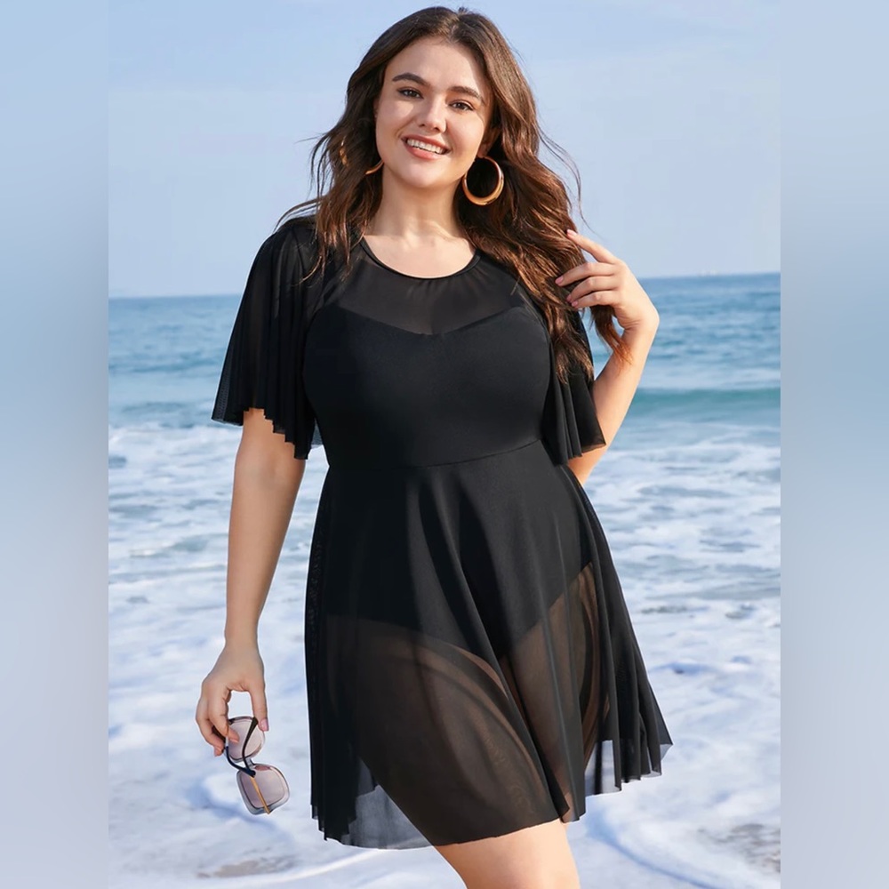 Solid Mesh Patchwork Ruffle Sleeve Swim Dress